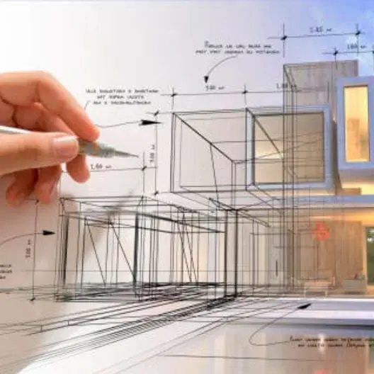 Dibujo técnico de un proyecto inmobiliario con planos arquitectónicos y diseño en vista previa de una construcción moderna.