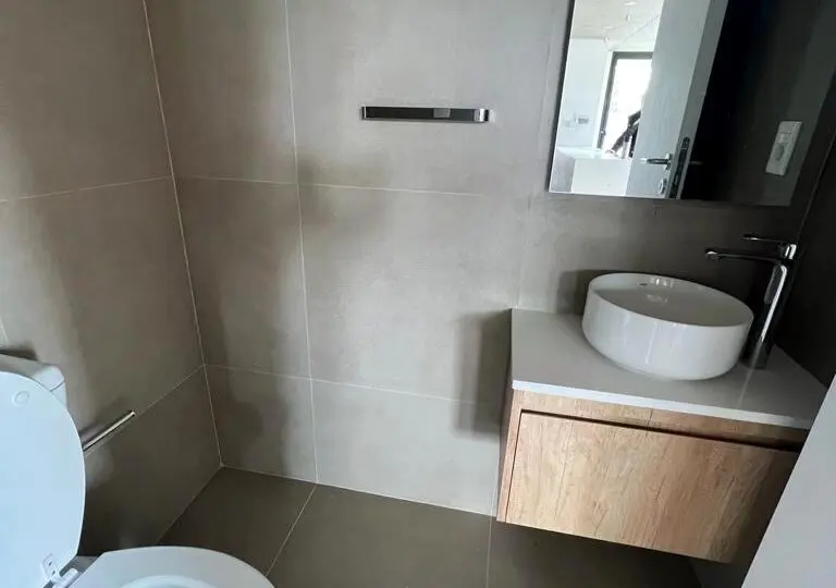 Armario de baño moderno con lavabo de cerámica sobre mueble de madera, inodoro y espejo de espejo en baño de diseño minimalista.
