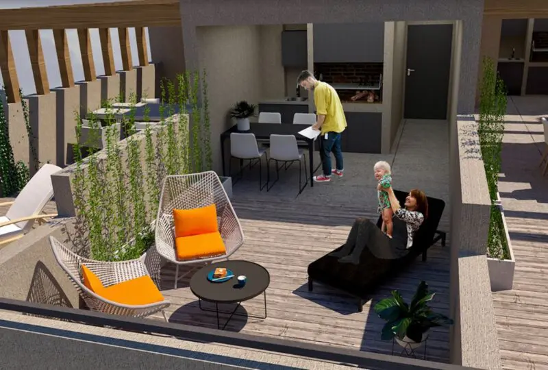 Amplia terraza en un piso moderno con muebles de exterior y zonas de descanso, ideal para vivir con estilo y confort, con vistas despejadas y espacio para el ocio al aire libre.