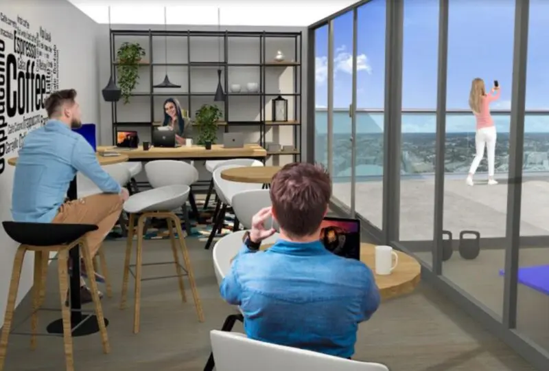 Oficina moderna con vista panorámica en edificio de lujo, espacio de coworking para profesionales, mobiliario contemporáneo, ambiente de trabajo dinámico, en el centro de la ciudad.