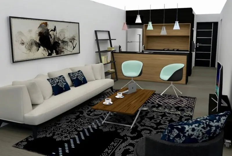 Moderno salón con áreas de cocina y comedor en apartamento en alquiler en Horus Real Estate Agency, ambiente acogedor y diseño minimalista.