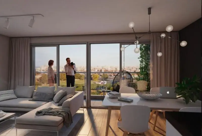 Ámbito de los apartamentos de lujo y bienes raíces en Madrid, vista panorámica desde un piso moderno, ideal para inversión inmobiliaria en zona privilegiada.