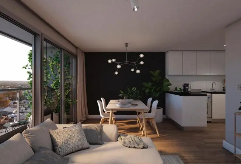 Moderno salón y cocina en apartamento de lujo, con grandes ventanales y decoración minimalista, ideal para quienes buscan inmuebles de alta calidad con atención personalizada en Horus Real Estate Agency.