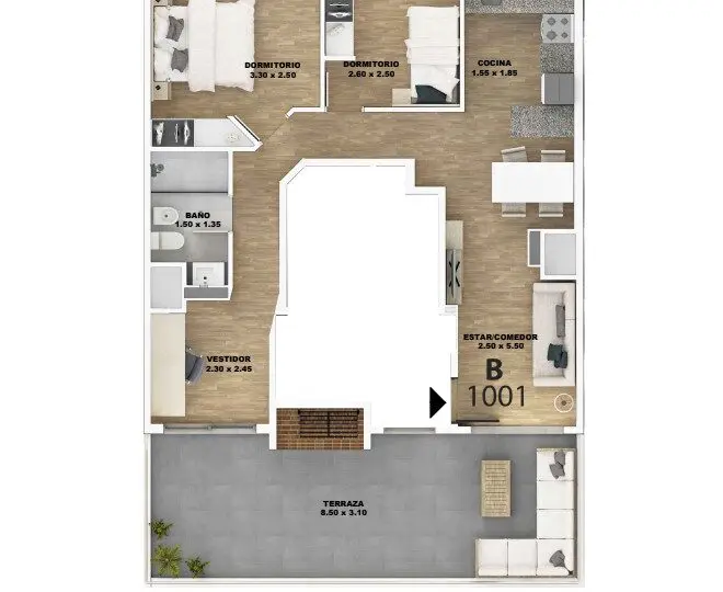Amplia distribución de apartamento en Horus Real Estate Agency, con 2 dormitorios, baño, vestidor, cocina moderna, salón-comedor y terraza, ideal para vivir o invertir en una ubicación privilegiada.