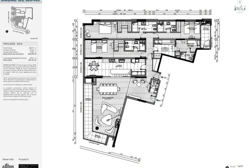 Amplio plano arquitectónico de un apartamento en la Unidad 103, 303-903 de Horus Real Estate, mostrando distribución de habitaciones, terrazas y áreas comunes con orientación para inversión inmobiliaria en ES_ES.