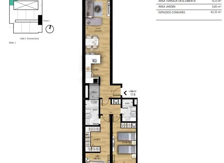 Amplio piso de 2-3 habitaciones en Unidad 111 con terrazas, jardín y espacios comunes en una zona residencial exclusiva.