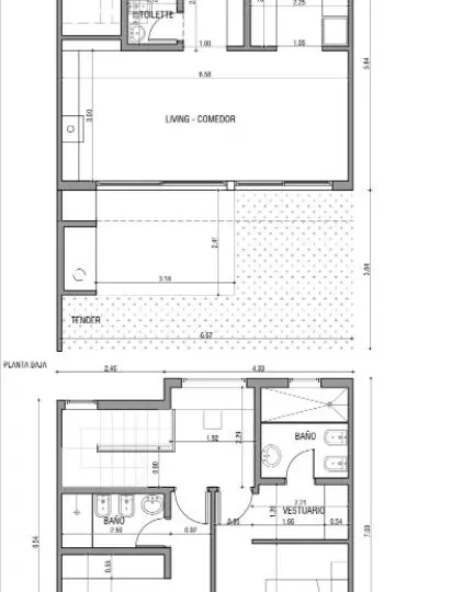 Amplio plano de vivienda de 2 plantas con distribución moderna, ideal para quienes buscan propiedades en venta o alquiler en Horus Real Estate Agency.