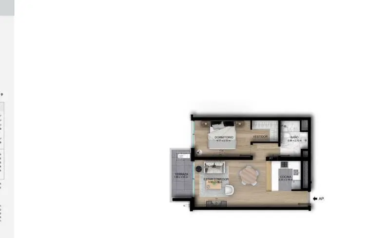Amplio apartamento de 65 m² en unidad 301-901 con terraza, cocina, dormitorio con vestidor y baño, en zona residencial, ideal para inversión o vivienda en excelente ubicación.