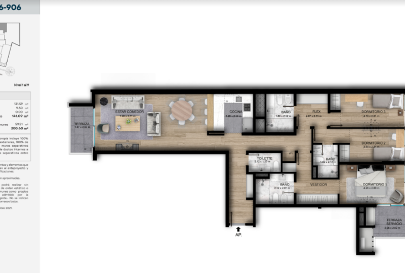 Amplio plano de vivienda en proyecto de Horus Inmobiliaria, con dormitorios, baños, terraza y áreas comunes, ideal para inversión y vivir en zona exclusiva de la ciudad.