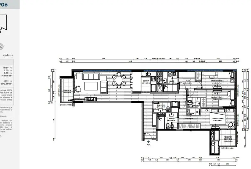 Plano de vivienda de 3 dormitorios y 141 m² en Ciudad Real, con diseño moderno, espacios amplios y terrazas. Ideal para residencias familiares, con acabados de alta calidad y distribución funcional.
