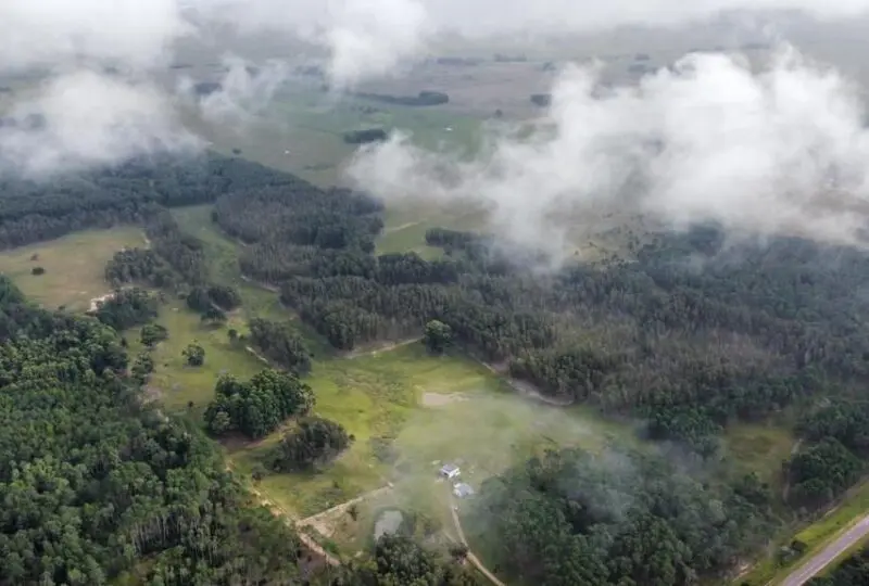 Amplia vista aérea de finca rural con abundante vegetación y árboles, ideal para inversión inmobiliaria con terrenos extensos en zonas naturales, a pocos minutos de la ciudad.