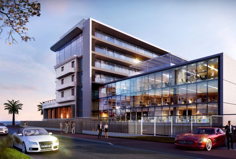 Moderno edificio de oficinas y apartamentos en la zona de Riviera SMART con diseño arquitectónico innovador y amplias instalaciones, ideal para residir y trabajar en un entorno exclusivo.
