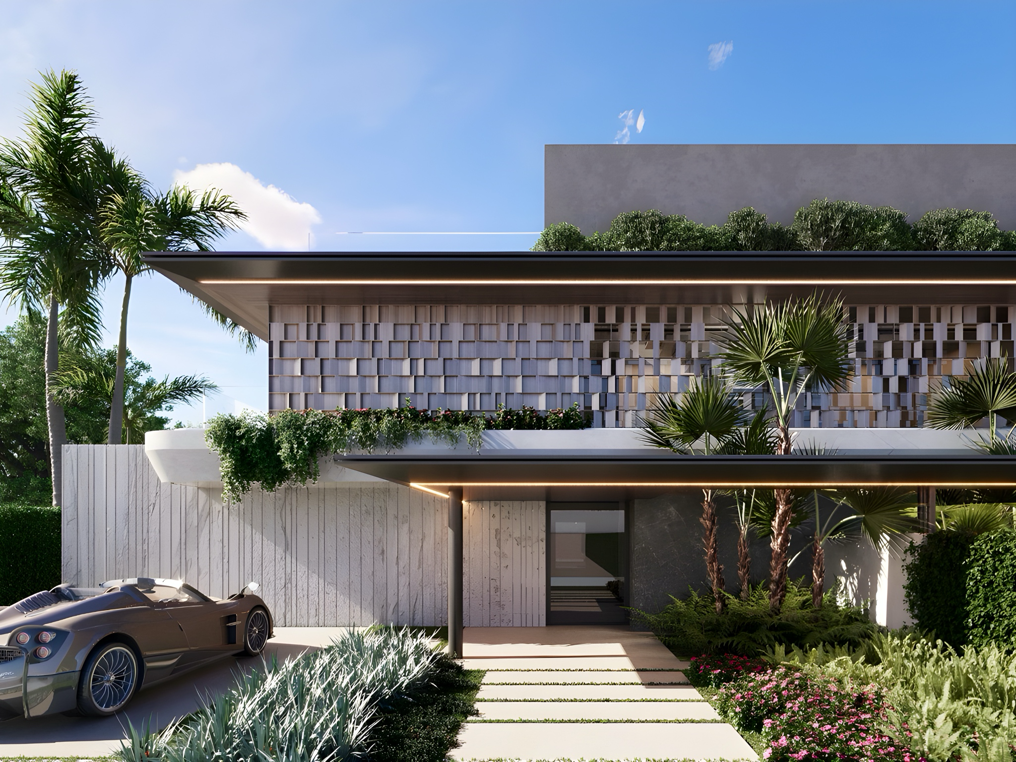 Moderno edificio residencial con diseño contemporáneo, jardines exuberantes y coche deportivo en el exterior, ideal para inversiones inmobiliarias y viviendas de lujo en un entorno elegante.